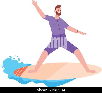 Homme debout sur la planche de surf. Sport nautique extrême isolé sur fond blanc Illustration de Vecteur