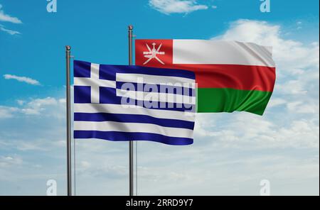 Oman et la Grèce drapeau agitant ensemble dans le vent sur le ciel bleu, concept de coopération de deux pays Banque D'Images