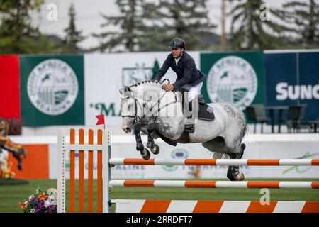 Calgary, Alberta, Canada, 7 septembre 2023. Santiago Lambre (BRA) ride Zeusz, The Masters, Spruce Meadows - Telus Cup. Banque D'Images