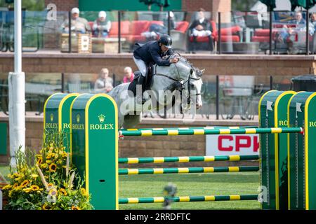 Calgary, Alberta, Canada, 7 septembre 2023. Santiago Lambre (BRA) ride Zeusz, The Masters, Spruce Meadows - Telus Cup. Banque D'Images