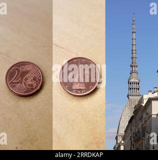 211231 -- BRUXELLES, le 31 décembre 2021 -- photo combinée montrant la face avant d'une pièce de 2 cents à Rome, Italie, le 30 décembre 2021, le motif Mole Antonelliana au dos de la pièce de 2 cents à Rome, Italie, le 30 décembre 2021 et la Mole Antonelliana à Turin, Italie, le 8 novembre 2021, des billets et des pièces en euros de L à R. ont été introduits physiquement dans les pays de la zone euro en circulation le 1 janvier 2002. La nouvelle année 2022 marque le 20e anniversaire de la circulation de l'Euro. EUROPE-EURO-MONNAIE-20E ANNIVERSAIRE JinxMamengni PUBLICATIONxNOTxINxCHN Banque D'Images