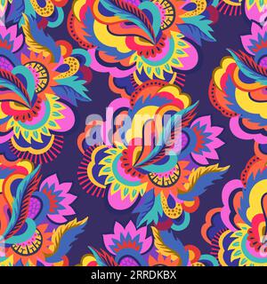 Motif psychédélique sans couture lumineux avec des éléments colorés abstraits. Illustration de Vecteur