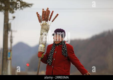 220117 -- DANDONG, le 17 janvier 2022 -- Un villageois se prépare à vendre des limaces enrobées de sucre maison dans un train lent à la gare de Shicheng dans la ville de Fengcheng, province du Liaoning au nord-est de la Chine, le 15 janvier 2022. Les trains nos 4317 et 4318 sont des trains lents qui circulent entre Tonghua de la province de Jilin et Dandong de la province de Liaoning dans le nord-est de la Chine. À l’approche du nouvel an lunaire, les autorités ferroviaires locales ont organisé des marchés à bord qui permettent aux villageois vivant le long de la route des trains de vendre des marchandises aux passagers sans quitter les wagons. CHINE-LIAONING-DANDONG-ON-BOARD MARCHÉ CN YANGX Banque D'Images