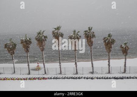 220124 -- ATHÈNES, le 24 janvier 2022 -- une photo aérienne prise le 24 janvier 2022 montre des arbres lors de fortes chutes de neige sur la côte sud d'Athènes, en Grèce. Un front froid intense balayait la Grèce lundi, provoquant des perturbations dans les transports et des coupures de courant pendant plusieurs heures dans de nombreuses régions, ont indiqué les autorités locales. Photo de /Xinhua GREECE-ATHENS-SNOWFALL LefterisxPartsalis PUBLICATIONxNOTxINxCHN Banque D'Images