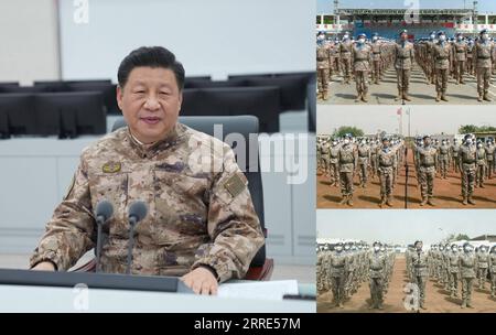 220128 -- PÉKIN, le 28 janvier 2022 -- une photo combinée montre le président chinois Xi Jinping, également secrétaire général du comité central du Parti communiste chinois et président de la commission militaire centrale, parler avec des soldats de la paix chinois postés à l'étranger par liaison vidéo lors d'une inspection au Commandement central du théâtre de l'Armée populaire de libération (APL) le 28 janvier 2022. Xi a adressé des salutations au Festival du printemps au personnel de service de l'APL et de la Force de police armée populaire, au personnel civil affecté dans l'armée, et aux membres de la milice et des forces de réserve. CHINE-XI JINPING-PLA-CENTRAL Banque D'Images