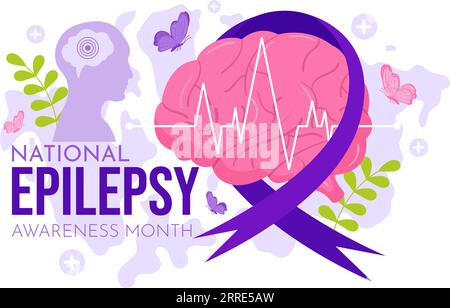 Mois de sensibilisation à l'épilepsie Illustration vectorielle est observée chaque année en novembre avec le cerveau et la santé mentale dans le fond violet de dessin animé plat Illustration de Vecteur