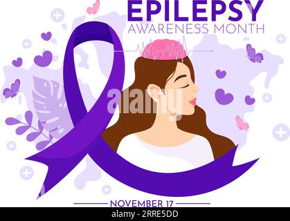 Mois de sensibilisation à l'épilepsie Illustration vectorielle est observée chaque année en novembre avec le cerveau et la santé mentale dans le fond violet de dessin animé plat Illustration de Vecteur