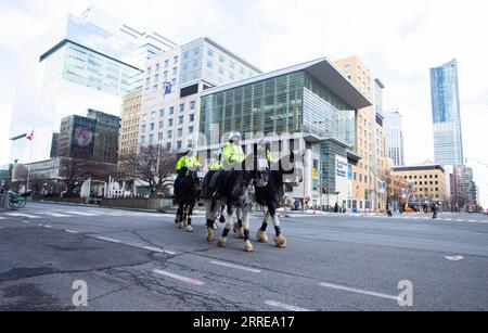 220213 -- TORONTO, le 13 février 2022 -- des policiers à cheval sont vus en service dans une rue fermée lors d'une manifestation anti-mandat à Toronto, Canada, le 12 février 2022. Les manifestants se sont rassemblés ici samedi pour une autre série de manifestations en solidarité avec les manifestations du convoi de camions à Ottawa. La manifestation Freedom Convoy 2022 a commencé le 29 janvier comme un rassemblement de camionneurs contre l’exigence que les camionneurs canadiens traversant la frontière pour entrer aux États-Unis soient entièrement vaccinés à partir de la mi-janvier. Photo de Zou Zheng/Xinhua CANADA-TORONTO-FREEDOM CONVOY-PROTEST LinxWei PUBLICATIONxNOTxINxCHN Banque D'Images