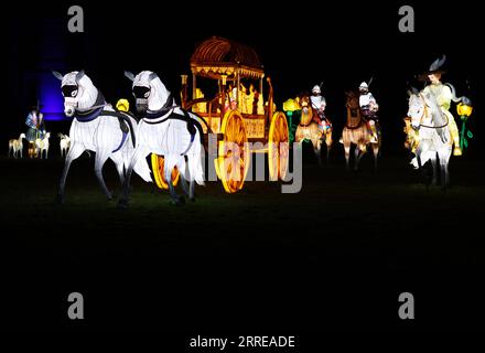 220214 -- PARIS, le 14 février 2022 -- des sculptures illuminées sont exposées lors d'un festival de lumière au zoo de Thoiry près de Paris, France, le 13 février 2022. Le festival se déroule jusqu'au 6 mars 2022. FRANCE-THOIRY ZOO-LIGHT FESTIVAL GaoxJing PUBLICATIONxNOTxINxCHN Banque D'Images