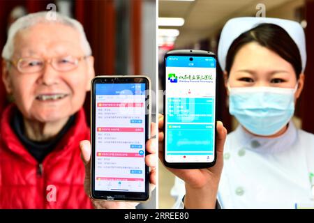 220223 -- JINAN, 23 février 2022 -- sur cette photo combinée, celle de gauche prise le 23 février 2022 montre un citoyen montrant la demande de service de soins infirmiers porte-à-porte avec son téléphone portable dans un quartier résidentiel du district de Tianqiao, ville de Jinan, Chine orientale la province du Shandong la droite montre l'infirmière Lian Ping du troisième hôpital provincial du Shandong montrant la réponse au service de soins infirmiers porte-à-porte avec son téléphone portable au troisième hôpital provincial du Shandong à Jinan, province du Shandong dans l'est de la Chine. La province du Shandong a mis en place une plateforme en ligne qui fournit aux patients des soins infirmiers porte-à-porte. Banque D'Images