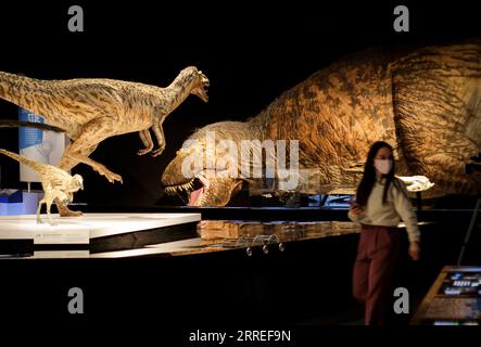 220225 -- VANCOUVER, le 25 février 2022 -- Un modèle grandeur nature d'un tyrannosaurus rex T. rex est présenté lors d'un aperçu médiatique de T. rex : The Ultimate Predator au Science World à Vancouver, Colombie-Britannique, Canada, le 25 février 2022. T. rex : The Ultimate Predator est une énorme exposition qui présente aux visiteurs toute la famille des tyrannosaures à travers des modèles grandeur nature, des moulages fossiles et des expériences interactives. L’exposition se déroulera du 26 février 2022 au 22 janvier 2023. Photo par /Xinhua CANADA-VANCOUVER-EXHIBITION-DINOSAUR-T. REX LiangxSen PUBLICATIONxNOTxINxCHN Banque D'Images