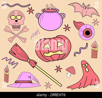 Joyeux Halloween, mignon ensemble rose de symboles halloween chapeau de citrouille balai chapeau melon vecteur EPS10 Illustration de Vecteur
