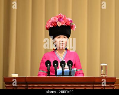 220307 -- BEIJING, 7 mars 2022 -- Zhang min, membre du 13e Comité national de la Conférence consultative politique du peuple chinois (CCPPC), prononce un discours sur le lieu principal de la vidéoconférence de la cinquième session du 13e Comité national de la CCPPC à Beijing, capitale de la Chine, le 7 mars 2022. DEUX SESSIONS CHINE-BEIJING-CPPCC-VIDÉO CONFÉRENCE-MEMBRES-DISCOURS CN LIUXBIN PUBLICATIONXNOTXINXCHN Banque D'Images