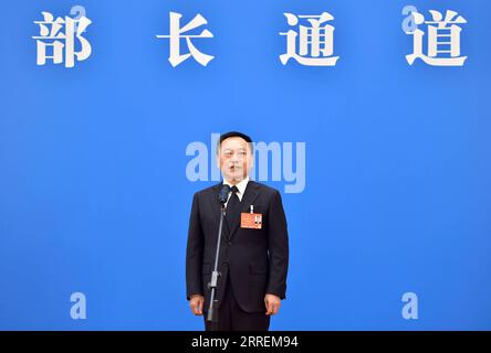 220308 -- BEIJING, le 8 mars 2022 -- le ministre chinois des Ressources en eau, Li Guoying, assiste à une interview par liaison vidéo après la deuxième réunion plénière de la cinquième session du 13e Congrès national du peuple à Beijing, capitale de la Chine, le 8 mars 2022. DEUX SESSIONS CHINE-PÉKIN-NPC-MINISTRES-INTERVIEW CN CHENXZHONGHAO PUBLICATIONXNOTXINXCHN Banque D'Images