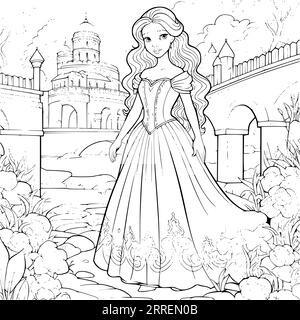 Belle princesse dans le jardin Coloriage pages dessin pour les enfants Illustration de Vecteur