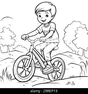 Page de coloriage de vélo d'équitation de garçon pour les enfants Illustration de Vecteur