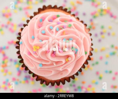 Cupcake à la vanille avec glaçage rose et saupoudrages de bonbons Banque D'Images