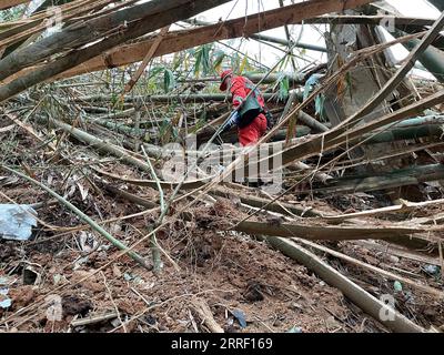 220322 -- TENGXIAN, 22 mars 2022 -- une photo prise avec un téléphone portable montre un sauveteur à la recherche des boîtes noires sur un site de crash d'avion dans le comté de Tengxian, dans la région autonome de Guangxi Zhuang, dans le sud de la Chine, le 22 mars 2022. Les sauveteurs font tous les efforts pour récupérer les boîtes noires d'un avion de passagers qui s'est écrasé dans la région autonome de Guangxi Zhuang du sud de la Chine lundi après-midi, a déclaré mardi soir un responsable de l'Administration de l'aviation civile de Chine CAAC. L'avion de passagers avec 132 personnes à bord s'est écrasé lundi après-midi, a déclaré le département régional de gestion des urgences. Le Banque D'Images
