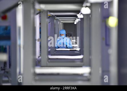 220326 -- XI AN, le 26 mars 2022 -- Un membre du personnel vérifie une plaquette de cellules dans une usine de cellules solaires en silicium monocristallin de Longi Green Energy Technology Co., Ltd. À Xi an, dans la province du Shaanxi du nord-ouest de la Chine, le 25 mars 2022. Longi Green Energy Technology Co., Ltd., une société photovoltaïque de premier plan dans la province du Shaanxi du nord-ouest de la Chine, a augmenté son investissement en R&D pour améliorer la production intelligente et le stockage du matériel tout en maintenant une production stable sous des mesures strictes de prévention et de contrôle COVID-19. L usine de cellules solaires en silicium monocristallin de la société à Xi an a produit près de 400 millions de cel Banque D'Images