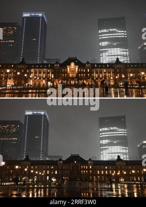 220326 -- TOKYO, le 26 mars 2022 -- une photo combinée montre la gare de Tokyo avant le sommet et pendant l'heure de la Terre à Tokyo, Japon, le 26 mars 2022. Photo Sun Jialin/Xinhua JAPON-TOKYO-HEURE DE LA TERRE ZhangxXiaoyu PUBLICATIONxNOTxINxCHN Banque D'Images