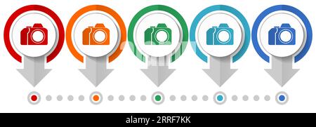 Appareil photo, ensemble d'icônes vectorielles de photographie, modèle d'infographie de conception plate, définir des icônes de concept de pointeur dans 5 options de couleur pour le webdesign et l'application mobile Illustration de Vecteur