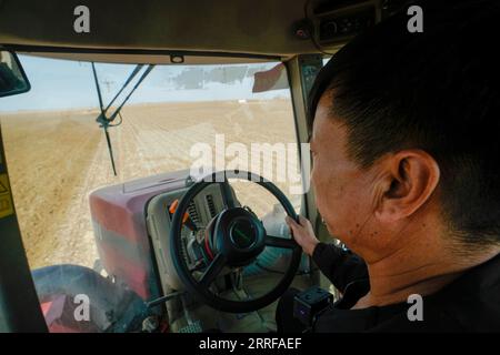 220409 -- URUMQI, le 9 avril 2022 -- l'agriculteur Zhang Junhe conduit un tracteur alors qu'il labourait un champ de coton dans la ville de Shawan, dans la région autonome ouïgoure du Xinjiang, au nord-ouest de la Chine, le 2 avril 2022. La culture printanière du coton a commencé au Xinjiang. CHINE-XINJIANG-CULTURE DU COTON CN ZhaoxGe PUBLICATIONxNOTxINxCHN Banque D'Images