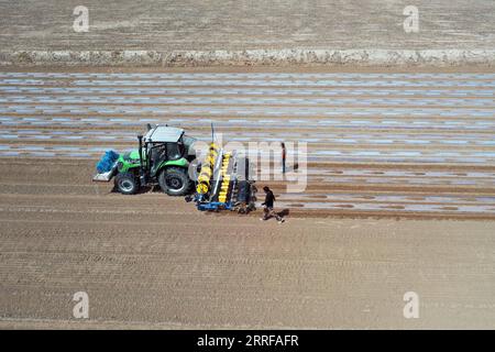 220409 -- URUMQI, le 9 avril 2022 -- une photo aérienne montre une machine à semer avec le système de navigation par satellite Beidou travaillant dans un champ de coton dans la ville d'Atux, dans la région autonome ouygur du Xinjiang, au nord-ouest de la Chine, le 7 avril 2022. La culture printanière du coton a commencé au Xinjiang. Photo de Yang Lin/Xinhua CHINE-XINJIANG-CULTURE du COTON CN WangxFei PUBLICATIONxNOTxINxCHN Banque D'Images