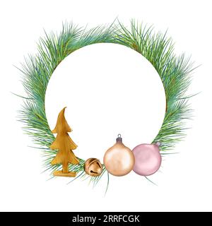 Cadre de sapin de Noël, boule avec jouet en bois et cloche illustration numérique isolé sur blanc. Décorations de Noël, branche de pin dessinée à la main. Conception Banque D'Images