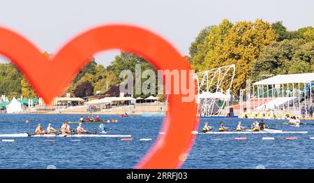 BELGRADE - 08/09/2023, BELGRADE - le cours d'aviron Ada Ciganlija lors de la sixième journée des Championnats du monde d'aviron dans la capitale serbe Belgrade. ANP IRIS VAN DEN BROEK netherlands Out - belgique Out Credit : ANP/Alamy Live News Banque D'Images