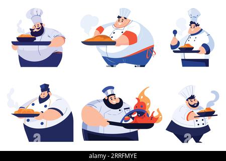 Chef en surpoids dessiné à la main cuisinant dans la cuisine dans un style plat isolé sur fond Illustration de Vecteur