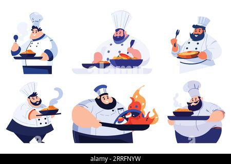 Chef en surpoids dessiné à la main cuisinant dans la cuisine dans un style plat isolé sur fond Illustration de Vecteur