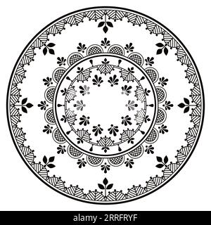 Mandala vectoriel de broderie scandinave et nordique de mandala floral style d'art folklorique - parfait pour le décor de plaque, carte de voeux ou invitation de mariage en noir et blanc Illustration de Vecteur