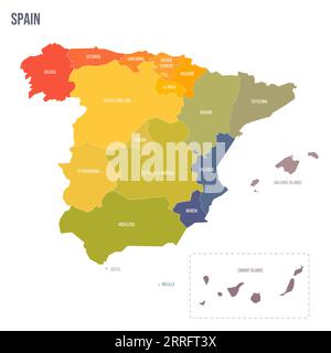 Espagne carte politique des divisions administratives - communautés autonomes et villes autonomes de Ceuta et Melilla. Carte politique à spectre coloré avec étiquettes et nom du pays. Illustration de Vecteur