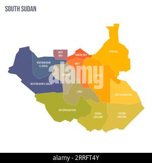 Carte politique du Soudan du Sud des divisions administratives - États, zones administratives et zone avec statut administratif spécial. Carte politique à spectre coloré avec étiquettes et nom du pays. Illustration de Vecteur