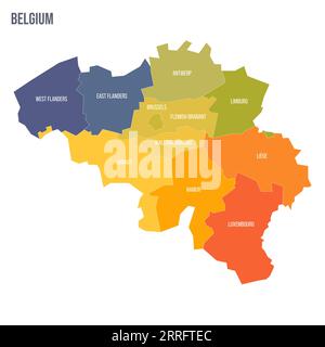 Belgique carte politique des divisions administratives - provinces. Carte politique à spectre coloré avec étiquettes et nom du pays. Illustration de Vecteur