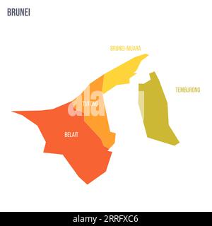 Brunei carte politique des divisions administratives - districts. Carte politique à spectre coloré avec étiquettes et nom du pays. Illustration de Vecteur