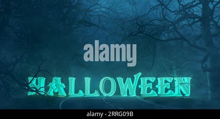 Mystérieuse forêt sombre et texte d'halloween. fond de nuit d'halloween. Paysage d'horreur de forêt sombre avec arbre effrayant. rendu 3d. Banque D'Images