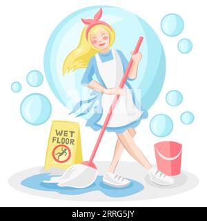 Femme de nettoyage en uniforme bleu essuyant le sol Illustration de Vecteur