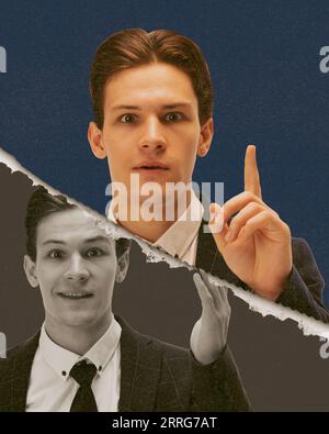 Jeune homme motivé et ambitieux, employé générant des idées créatives pour la gooperation de l'entreprise. Collage d'art contemporain. Banque D'Images