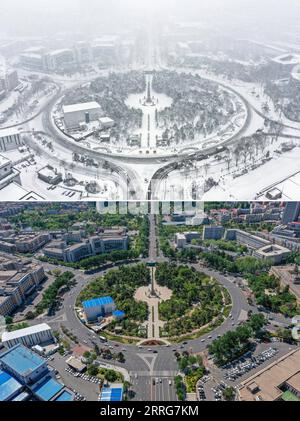 220512 -- CHANGCHUN, le 12 mai 2022 -- une photo combinée montre une vue aérienne d'une place à Changchun, dans la province de Jilin au nord-est de la Chine, le 15 mars 2022 photo publiée par et le 12 mai 2022 photo prise par Zhang Nan. La province de Jilin, dans le nord-est du pays, où plus de 60 000 cas ont été signalés lors de la dernière épidémie, a coupé toutes les chaînes de transmission du COVID-19 dans les communautés en avril 14. La capitale provinciale Changchun a annoncé le 1 mai qu’elle avait dégagé toutes les zones à risque moyen et élevé pour le COVID-19. La vie en ville revient à la normale et la reprise de la production s’accélère. CHINA-JILIN Banque D'Images