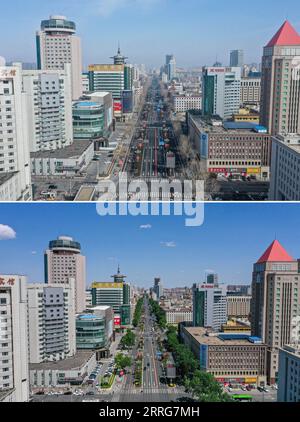 220512 -- CHANGCHUN, le 12 mai 2022 -- une photo combinée montre une vue aérienne d'une avenue à Changchun, dans la province de Jilin au nord-est de la Chine, le 24 mars 2022 photo publiée par et le 12 mai 2022 photo prise par Zhang Nan. La province de Jilin, dans le nord-est du pays, où plus de 60 000 cas ont été signalés lors de la dernière épidémie, a coupé toutes les chaînes de transmission du COVID-19 dans les communautés en avril 14. La capitale provinciale Changchun a annoncé le 1 mai qu’elle avait dégagé toutes les zones à risque moyen et élevé pour le COVID-19. La vie en ville revient à la normale et la reprise de la production s’accélère. CHINA-JILI Banque D'Images