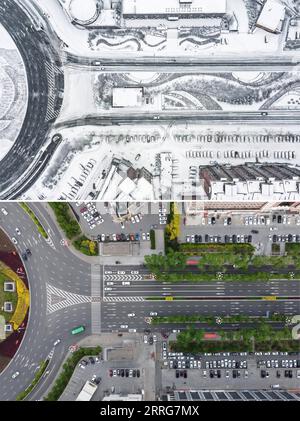 220512 -- CHANGCHUN, le 12 mai 2022 -- une photo combinée montre une vue aérienne de véhicules circulant sur une route à Changchun, dans la province de Jilin au nord-est de la Chine, le 15 mars 2022 photo publiée par et le 11 mai 2022 photo prise par Xu Chang. La province de Jilin, dans le nord-est du pays, où plus de 60 000 cas ont été signalés lors de la dernière épidémie, a coupé toutes les chaînes de transmission du COVID-19 dans les communautés en avril 14. La capitale provinciale Changchun a annoncé le 1 mai qu’elle avait dégagé toutes les zones à risque moyen et élevé pour le COVID-19. La vie en ville revient à la normale et la reprise de la production est accélérée Banque D'Images