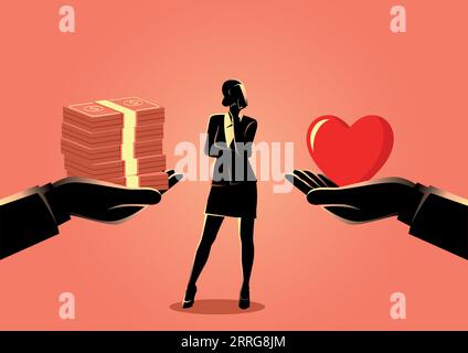 Illustration vectorielle d'une femme choisissant entre l'amour ou l'argent Illustration de Vecteur