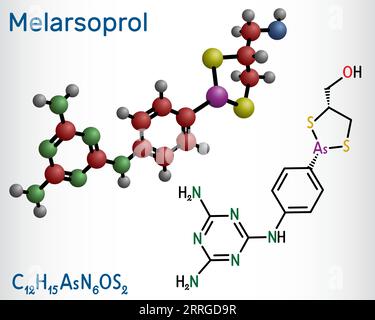 Molecule MEDICAMENTEUSE de melarsoprol. Utilisé pour traiter la maladie du sommeil africaine ou la trypanosomiase africaine. Formule chimique structurale et modèle moléculaire Illustration de Vecteur