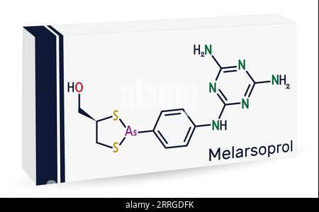 Molecule MEDICAMENTEUSE de melarsoprol. Utilisé pour traiter la maladie du sommeil africaine ou la trypanosomiase africaine. Formule chimique squelettique. Emballage en papier pour médicaments. Illustration de Vecteur