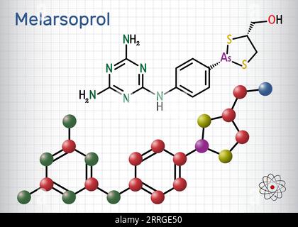 Molecule MEDICAMENTEUSE de melarsoprol. Formule chimique structurale et modèle moléculaire. Feuille de papier dans une cage Illustration de Vecteur