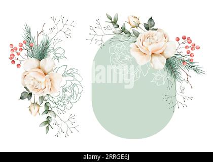 Ensemble d'aquarelle et de compositions graphiques de Noël de fleurs, de branches de conifères et de baies. Parfait pour les cartes, voeux, emballage, design Banque D'Images
