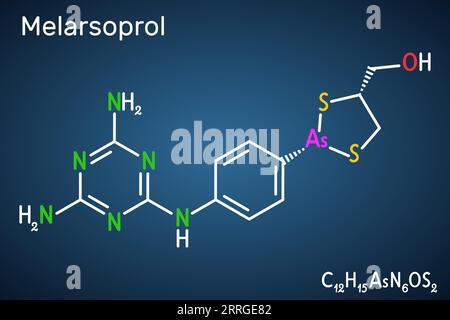 Molecule MEDICAMENTEUSE de melarsoprol. Formule chimique structurale sur fond bleu foncé. Illustration de Vecteur