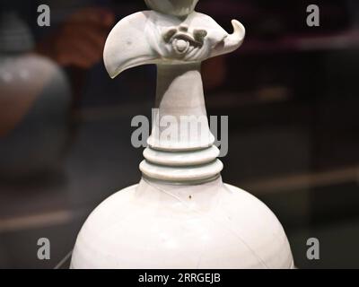 220518 -- HAIKOU, le 18 mai 2022 -- Une porcelaine en forme de tête phoenix de la dynastie Song 960-1279 est exposée au Musée Hainan à Haikou, dans la province de Hainan du sud de la Chine, le 18 mai 2022. Le 18 mai marque la Journée internationale des musées. Une exposition mettant en valeur des reliques culturelles en forme d'animaux a ouvert mercredi au public au Musée Hainan à Haikou. Pas moins de 150 reliques culturelles sélectionnées sur le thème animal sont exposées pendant l'exposition. CHINE-HAINAN-HAIKOU-MUSÉE-EXPOSITION SUR LE THÈME ANIMAL CN GUOXCHENG PUBLICATIONXNOTXINXCHN Banque D'Images