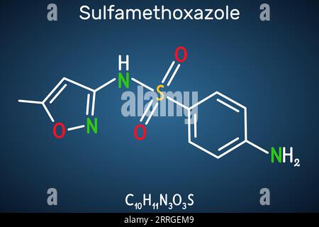 Sulfaméthoxazole, SMZ, molécule SMX. Formule chimique structurale sur fond bleu foncé Illustration de Vecteur